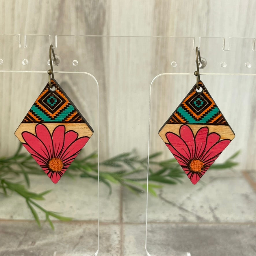 Southwest Floral Boho Earrings-Hand Painted Wood