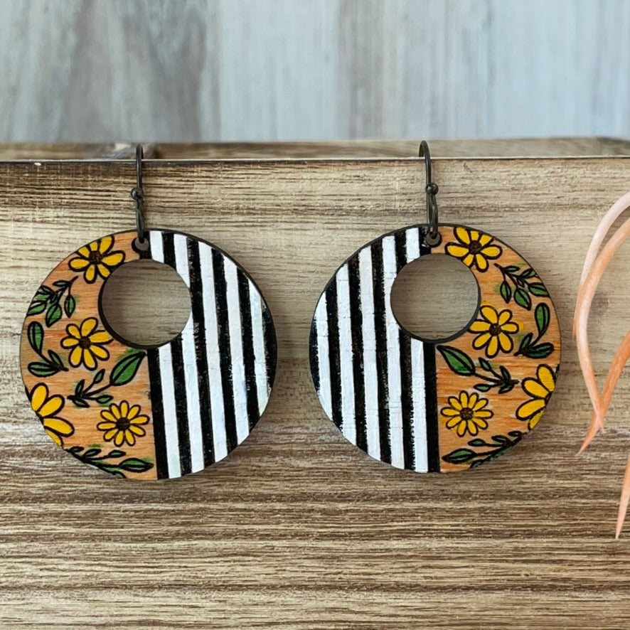 Striped Floral Boho Earrings-Hand Painted Wood