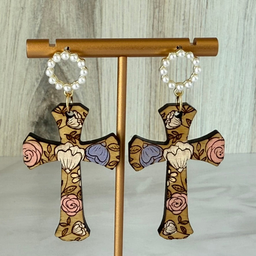 Engraved floral cross earrings