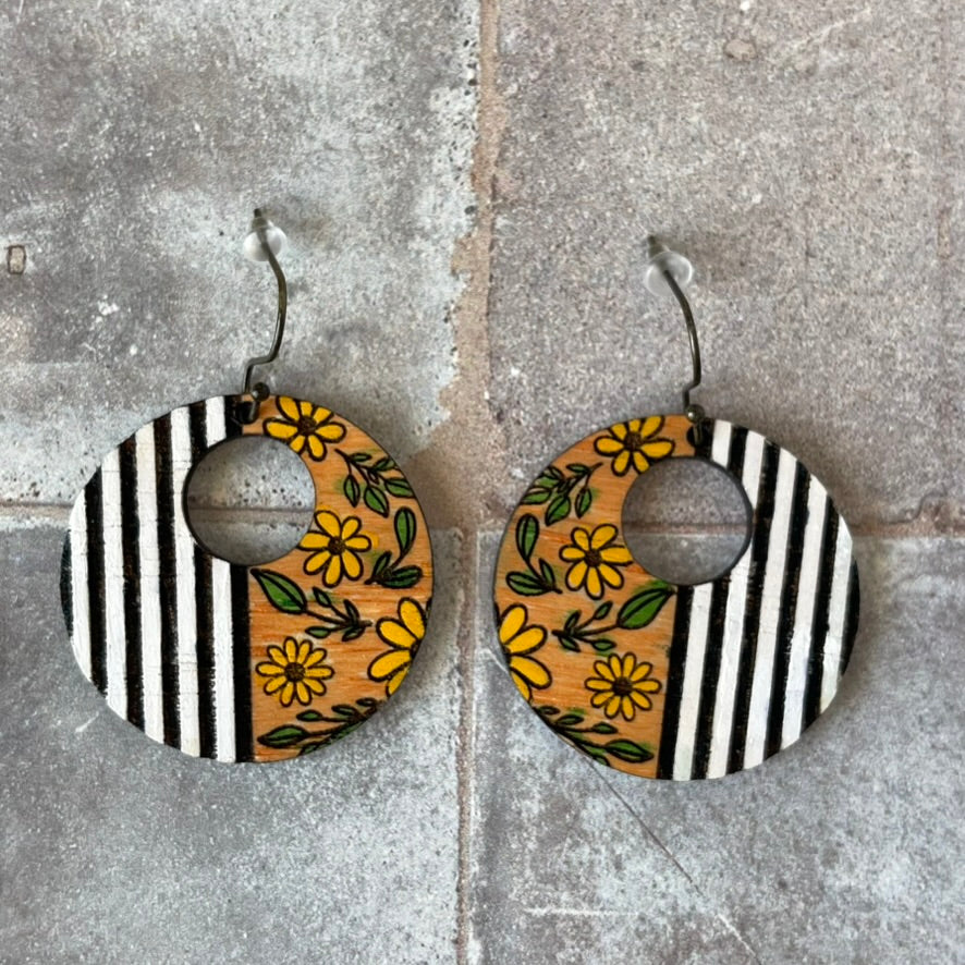 Striped Floral Boho Earrings-Hand Painted Wood