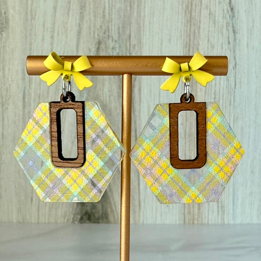 Spring Plaid Acrylic Earrings with Bow