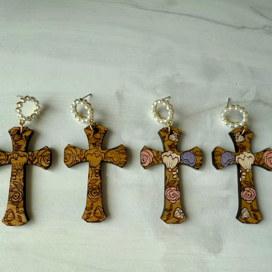 Engraved floral cross earrings