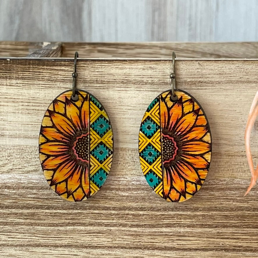 Southwest Aztec Sunflower Earrings-Hand Painted Wood