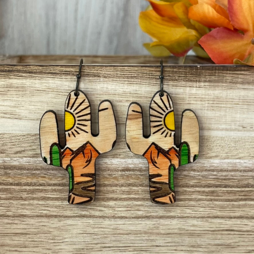 Hand-painted Southwest Desert Scene Cactus Shape Wood Earrings