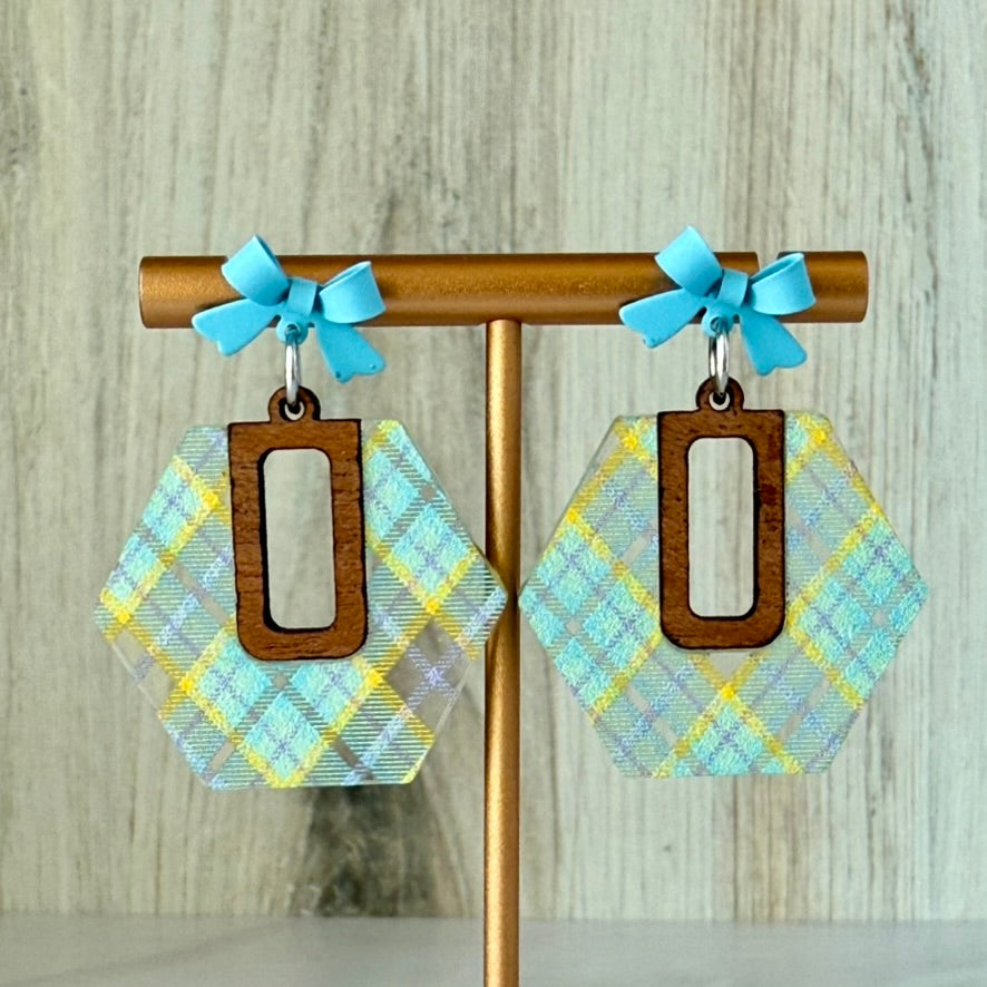 Spring Plaid Acrylic Earrings with Bow