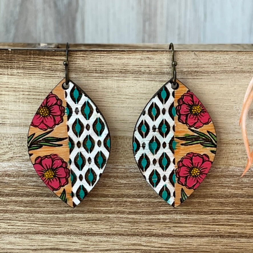 Boho western earrings with floral and aztec pattern
