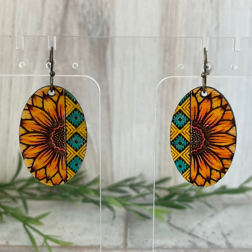 Southwest Aztec Sunflower Earrings-Hand Painted Wood
