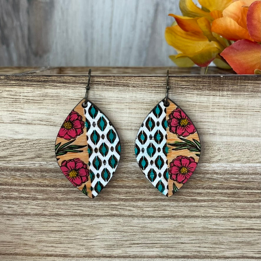 Boho western earrings with floral and aztec pattern
