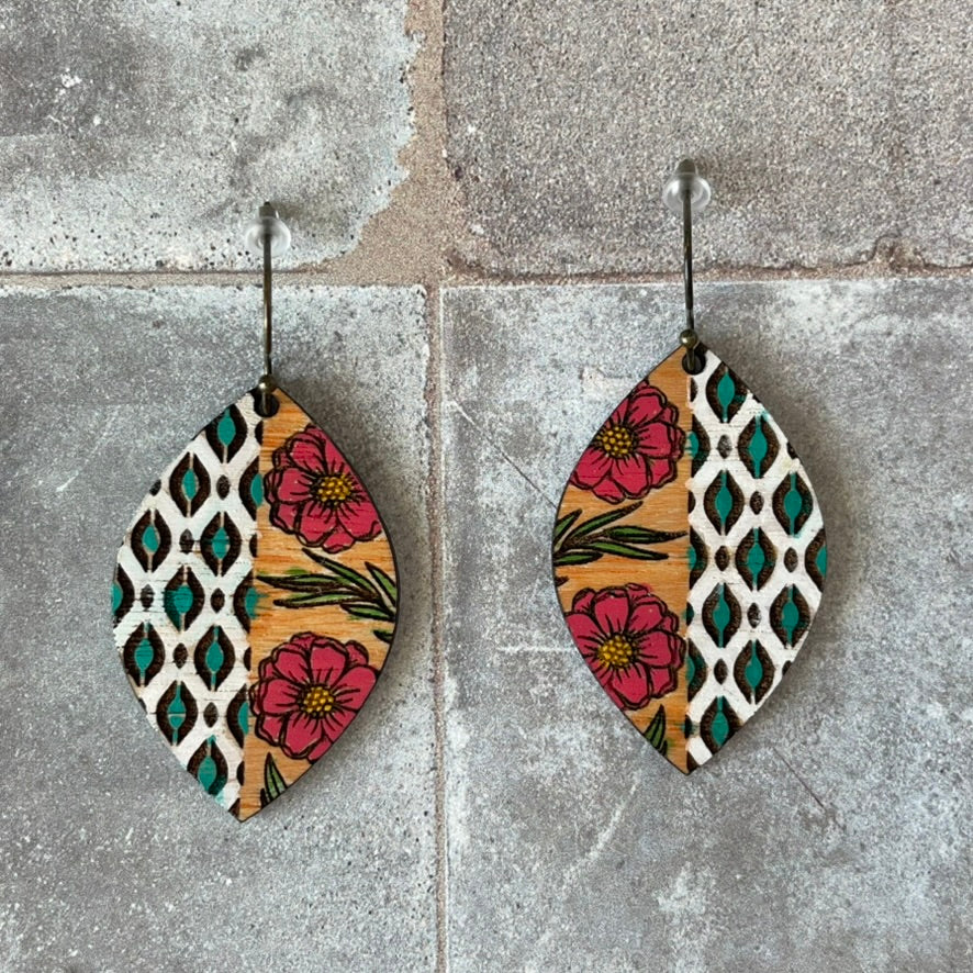 Boho western earrings with floral and aztec pattern