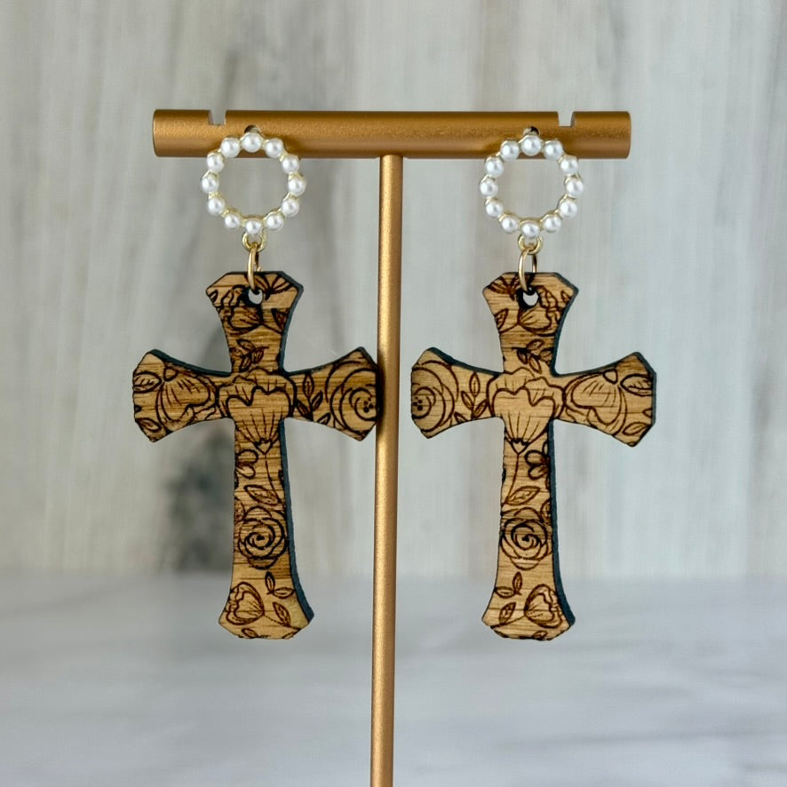Engraved floral cross earrings