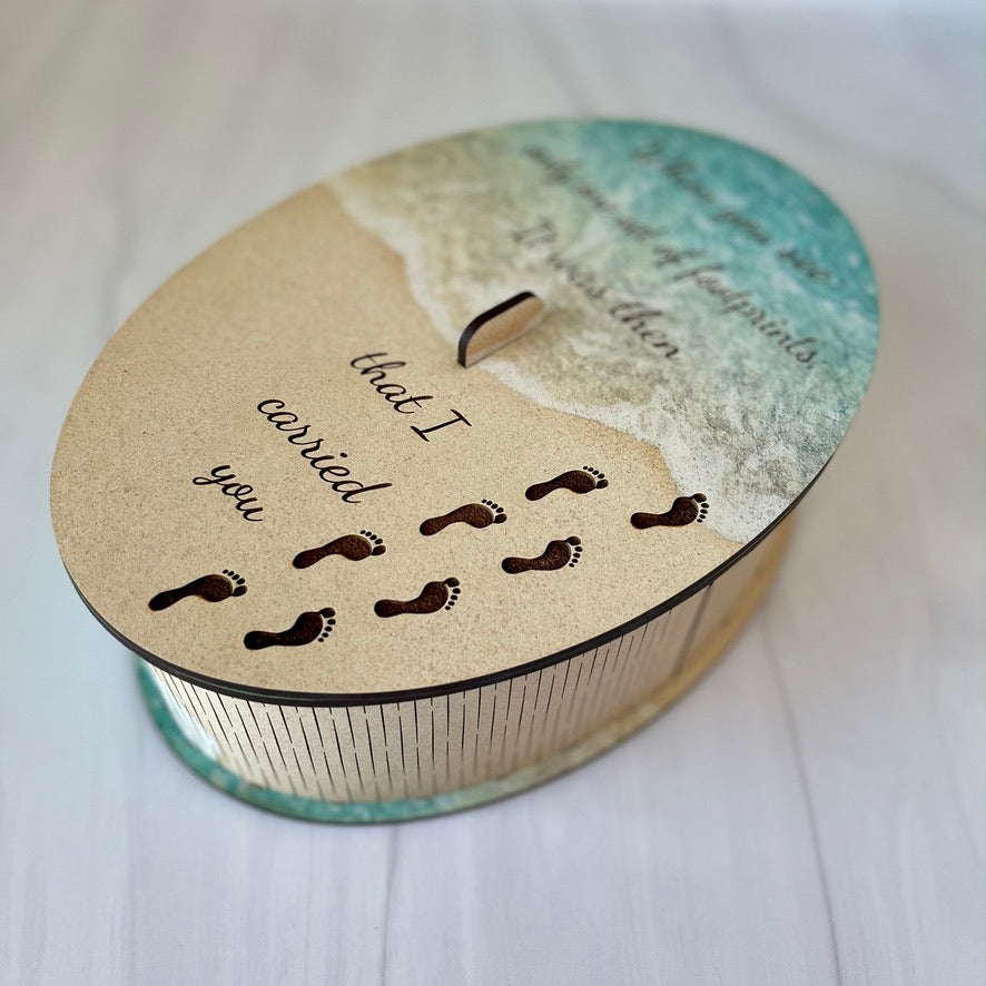 Decorative storage keepsake box with Footprints in the Sand engraved on lid