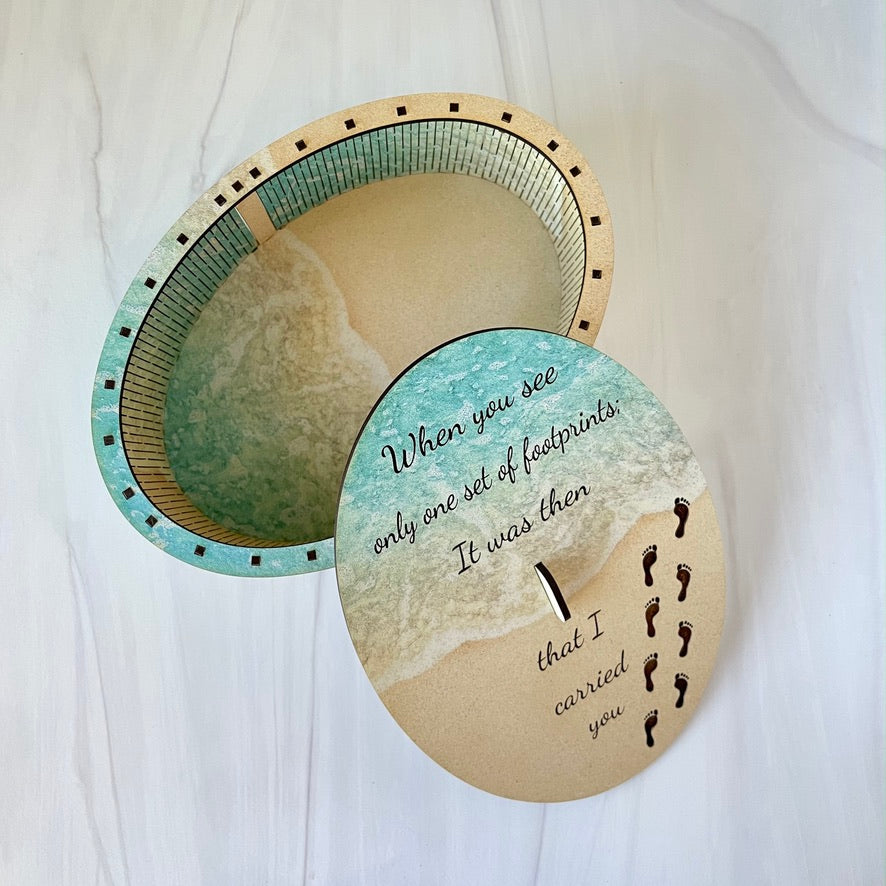 Decorative storage keepsake box with Footprints in the Sand engraved on lid