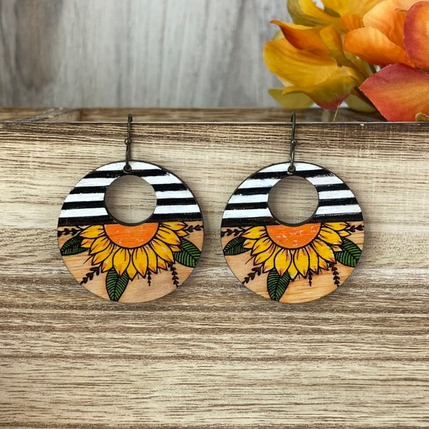 Boho Western Sunflower Stripe Earrings-Hand Painted Wood