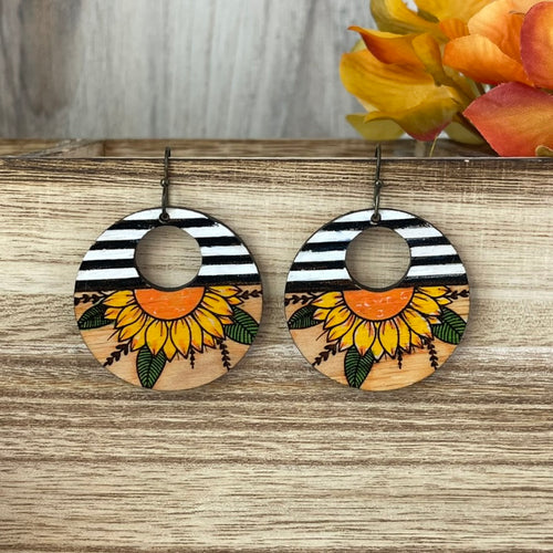 Boho Western Sunflower Stripe Earrings-Hand Painted Wood