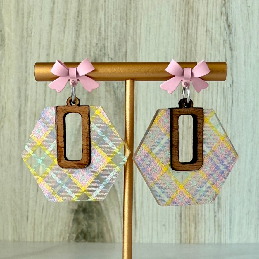 Spring Plaid Acrylic Earrings with Bow