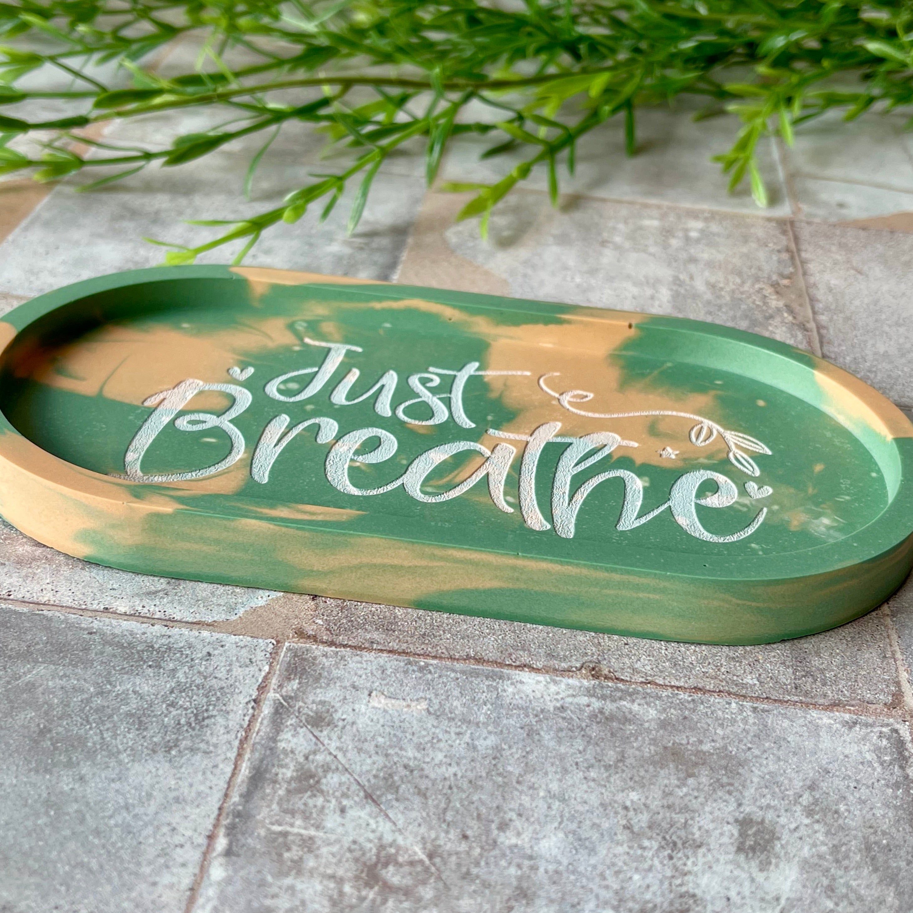 Engraved Just Breathe Trinket Tray