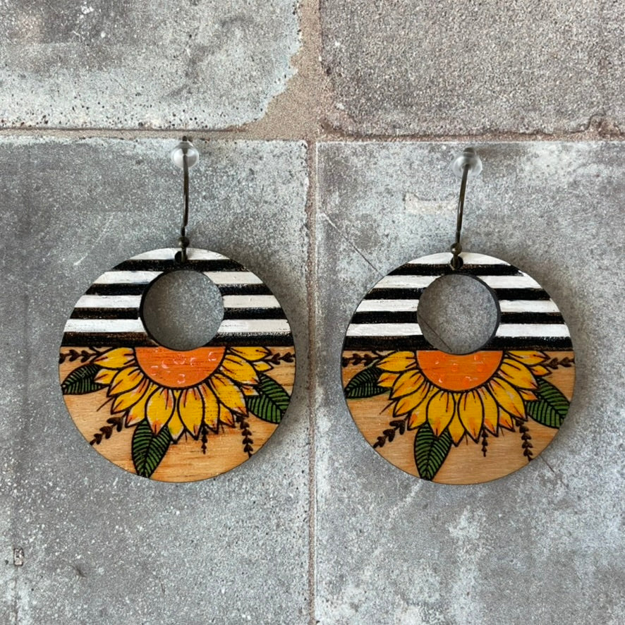 Boho Western Sunflower Stripe Earrings-Hand Painted Wood