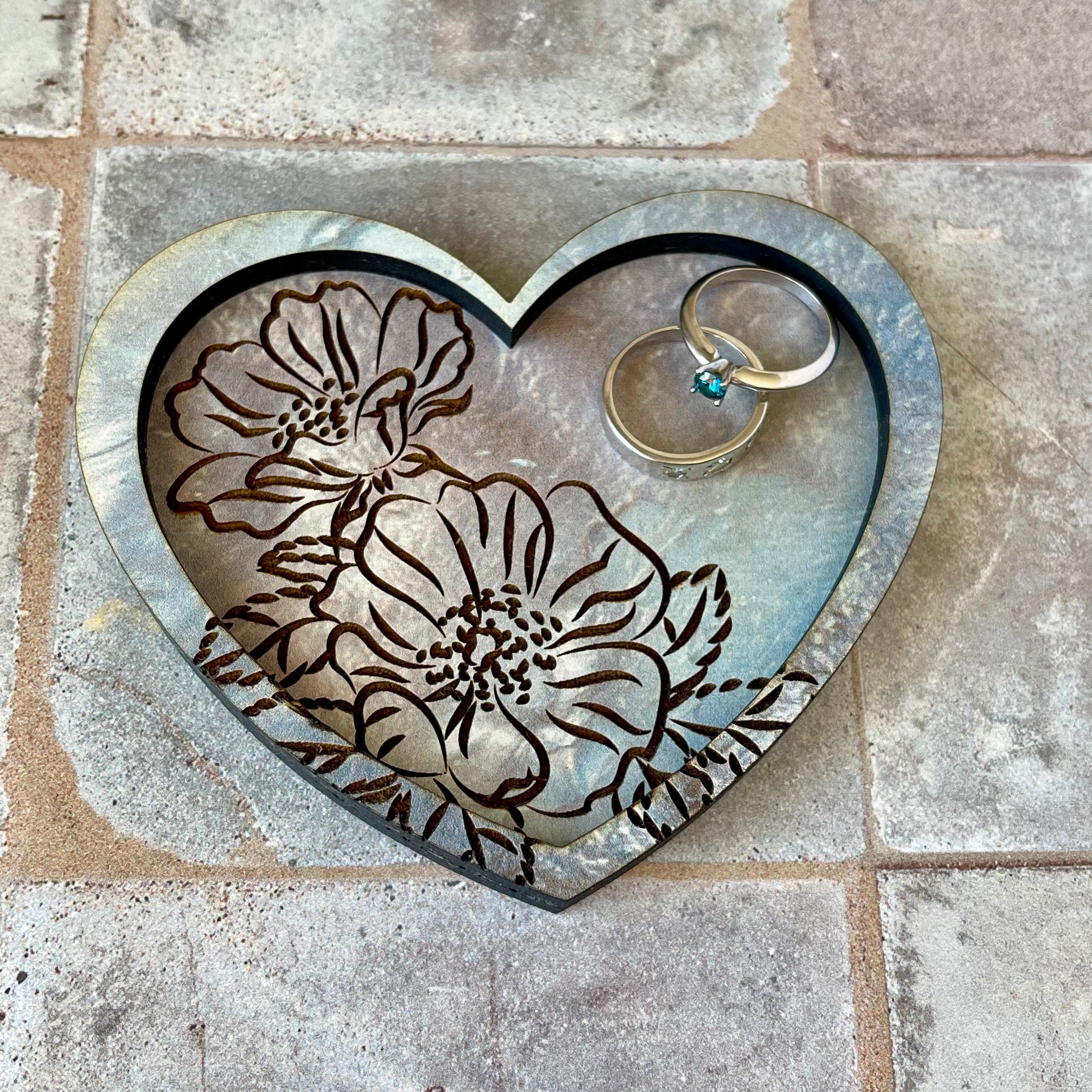 Floral Engraved Ring Dish-Mother of Pearl Wood Design