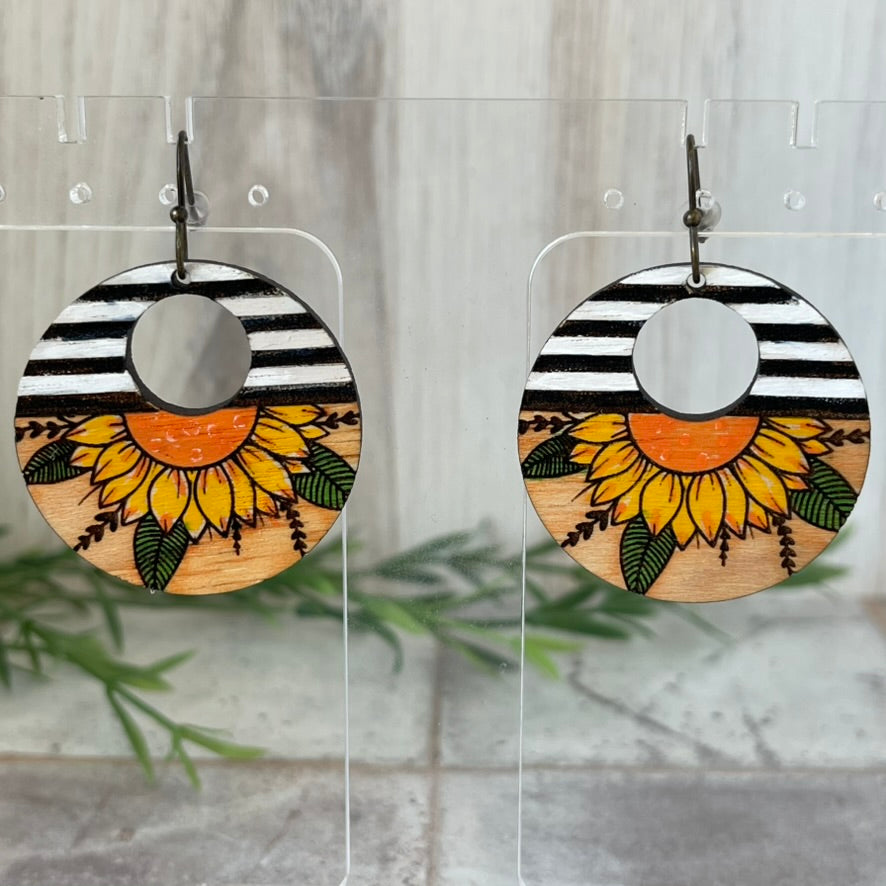 Boho Western Sunflower Stripe Earrings-Hand Painted Wood