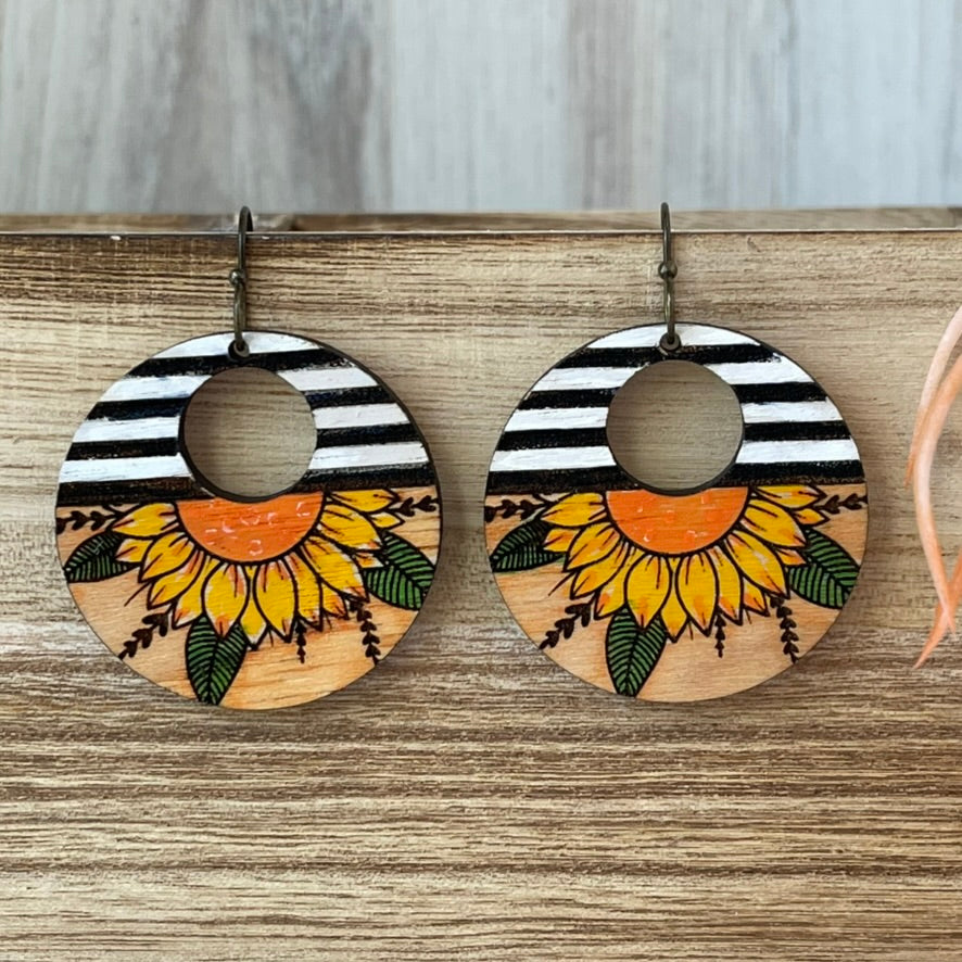 Boho Western Sunflower Stripe Earrings-Hand Painted Wood