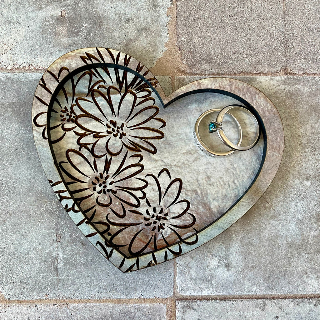Floral Engraved Ring Dish-Mother of Pearl Wood Design