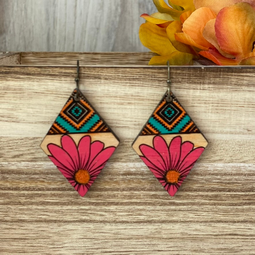 Southwest Floral Boho Earrings-Hand Painted Wood