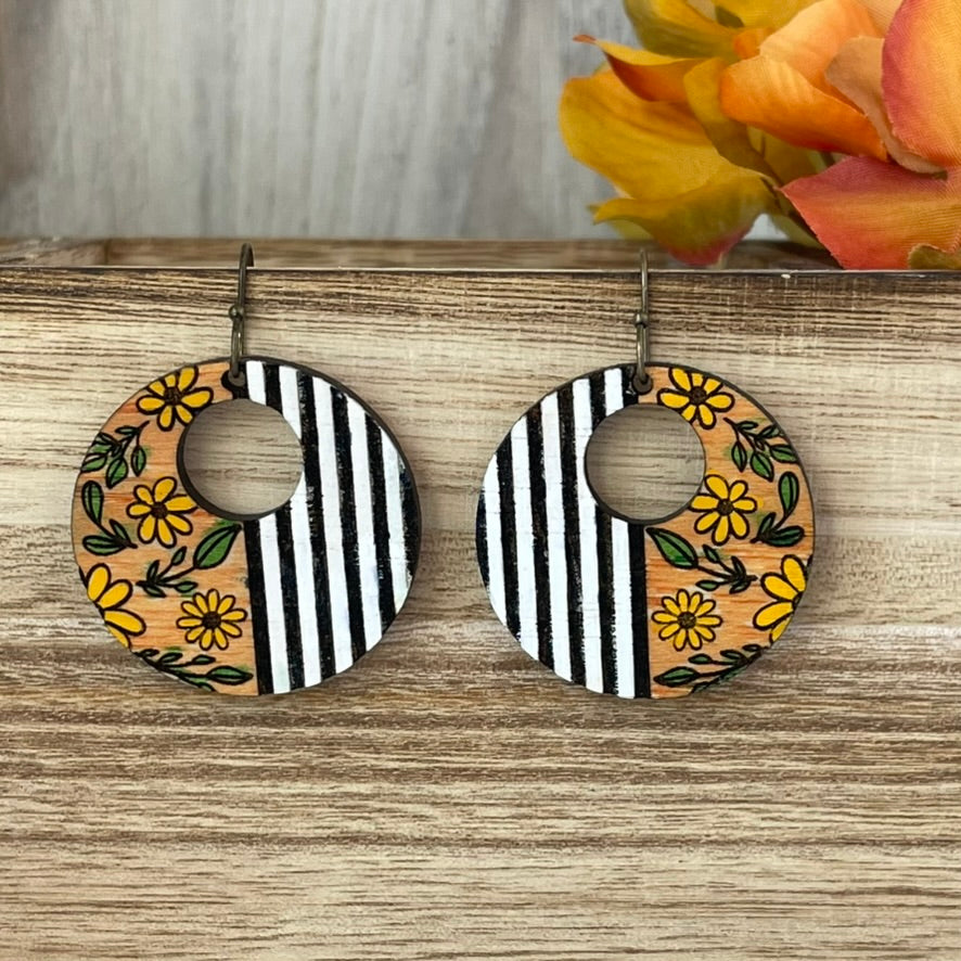 Striped Floral Boho Earrings-Hand Painted Wood