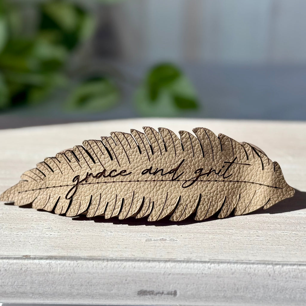 Leather Engraved Feather Hair Clip