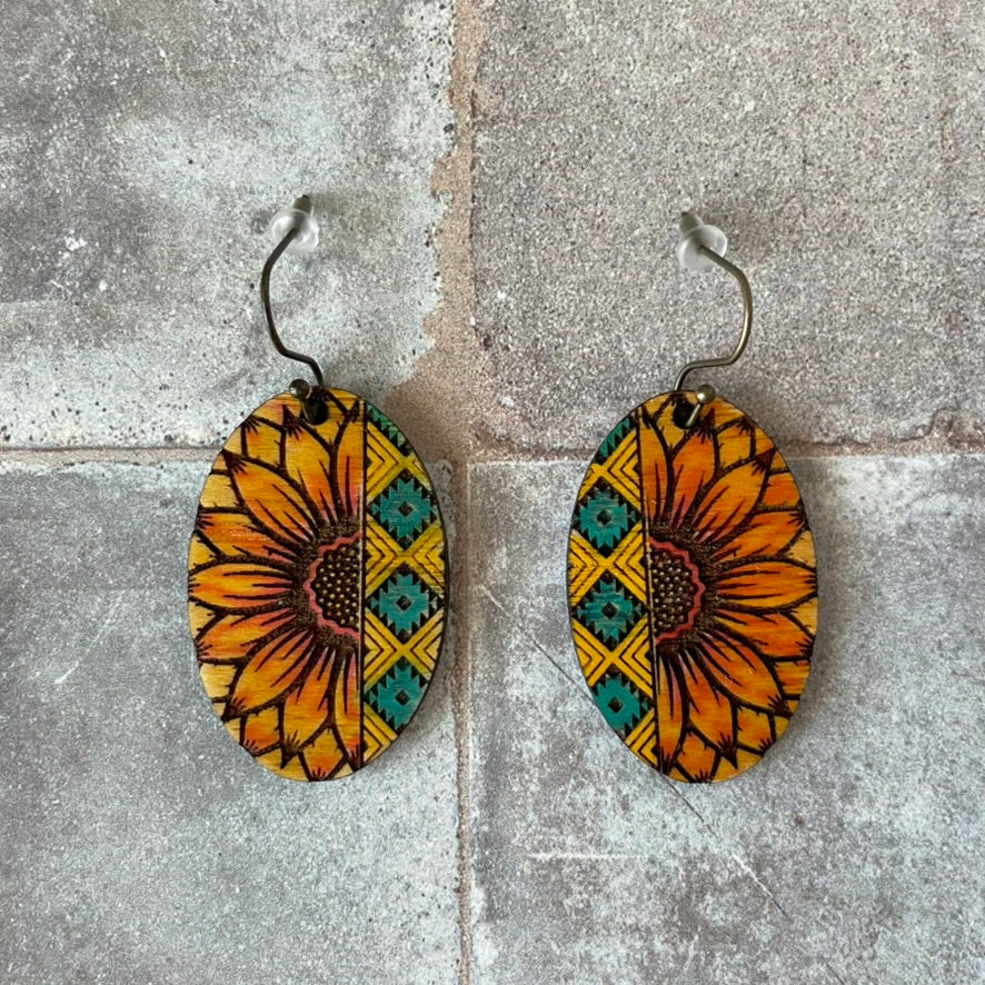 Southwest Aztec Sunflower Earrings-Hand Painted Wood
