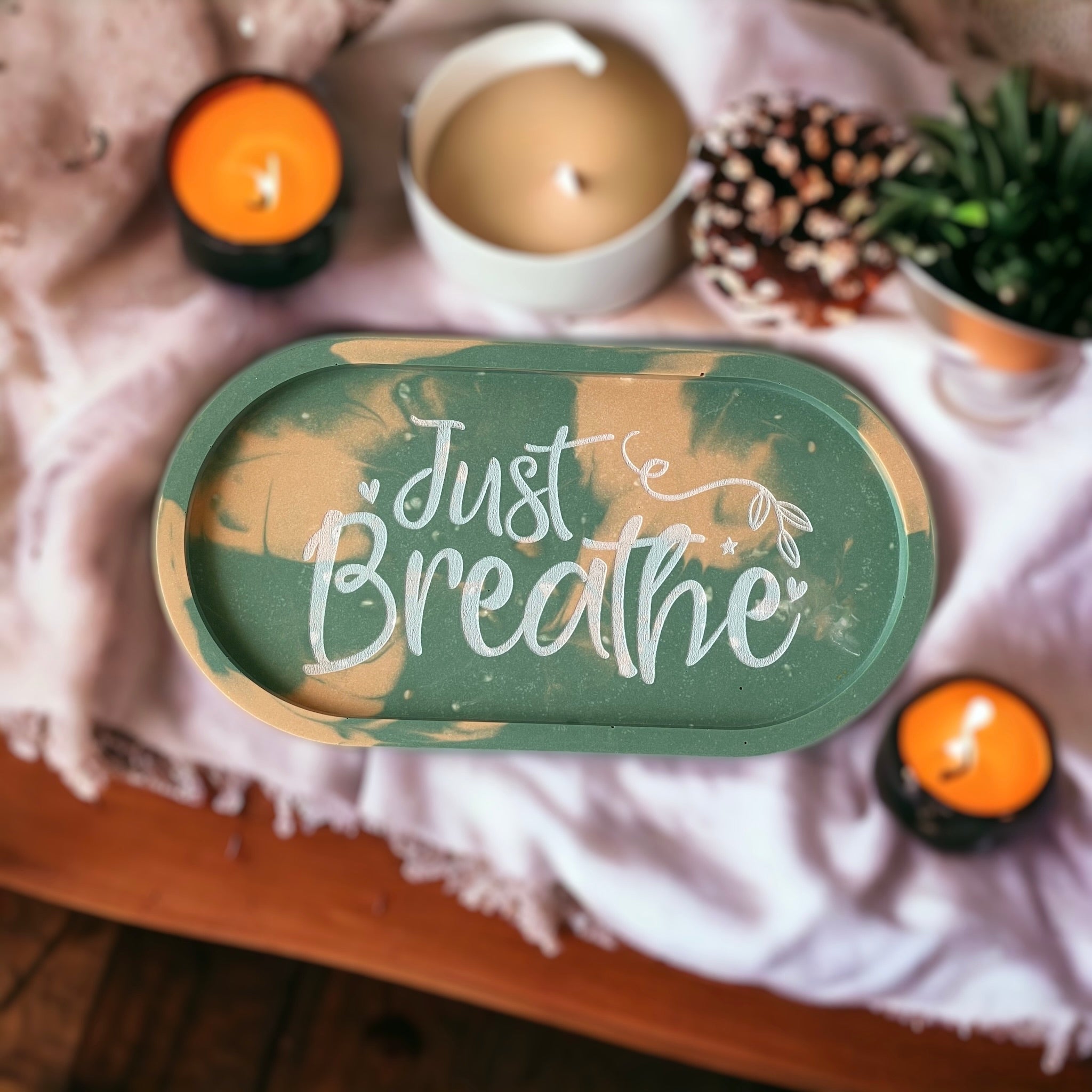 Engraved Just Breathe Trinket Tray