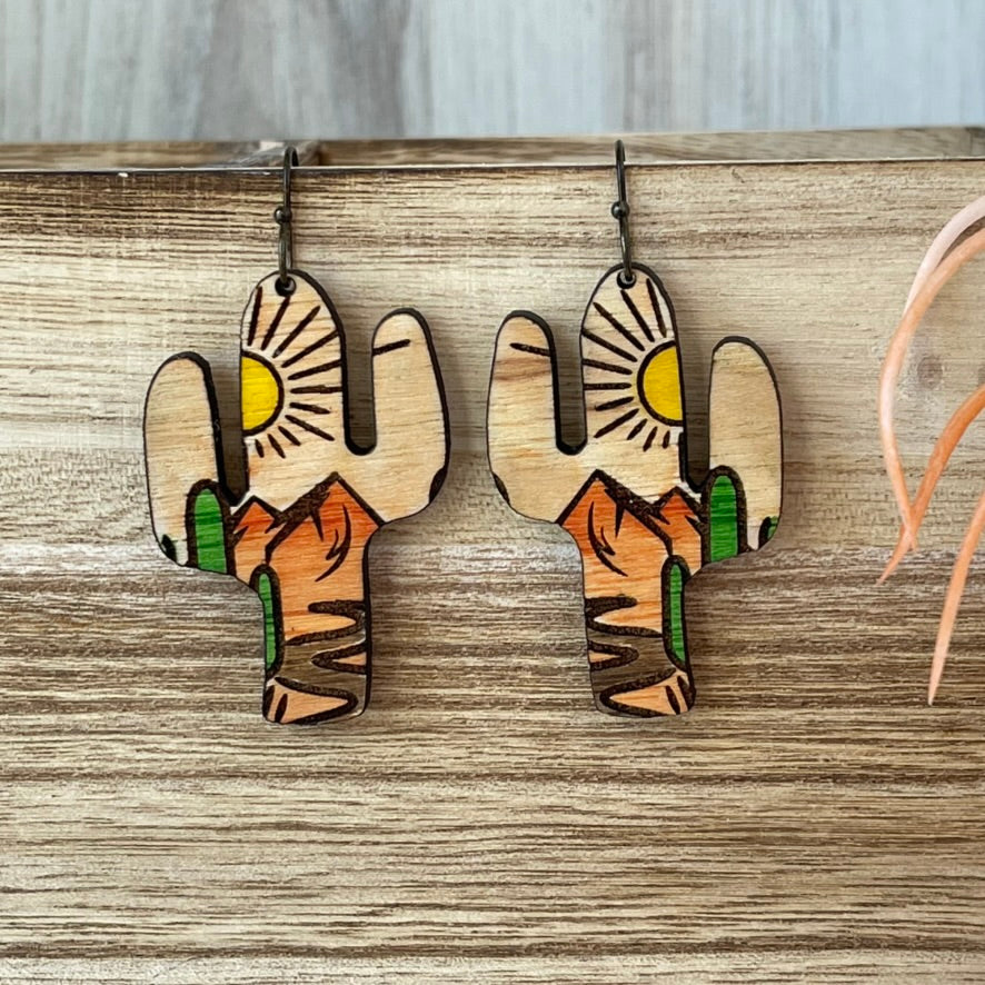 Hand-painted Southwest Desert Scene Cactus Shape Wood Earrings