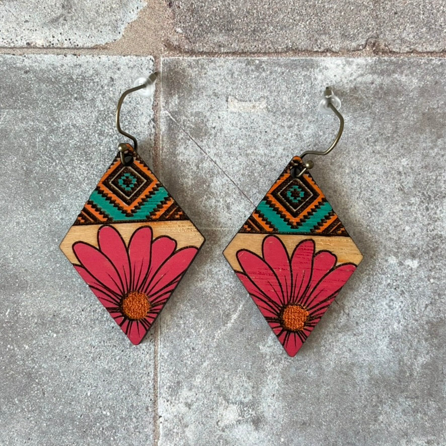 Southwest Floral Boho Earrings-Hand Painted Wood