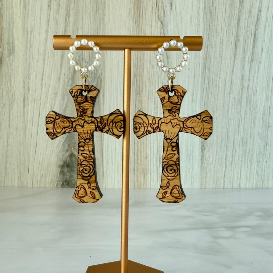Engraved floral cross earrings