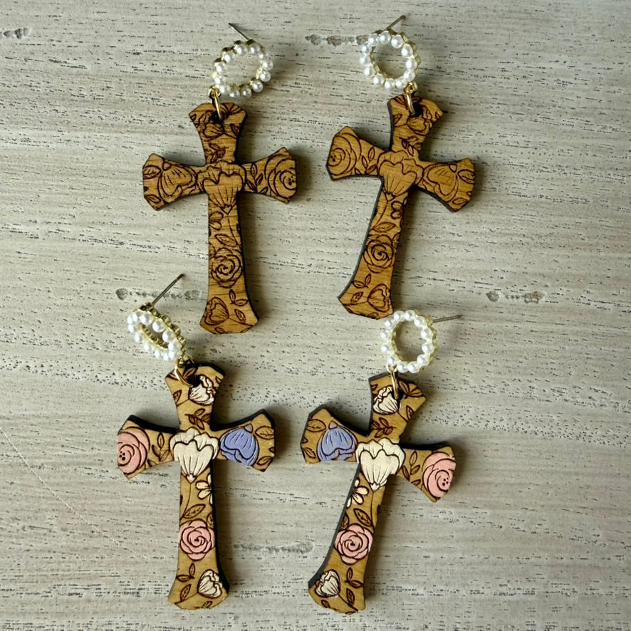Engraved floral cross earrings