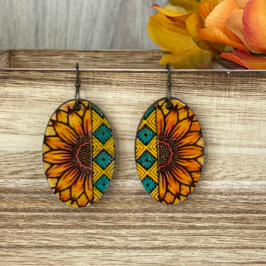 Southwest Aztec Sunflower Earrings-Hand Painted Wood