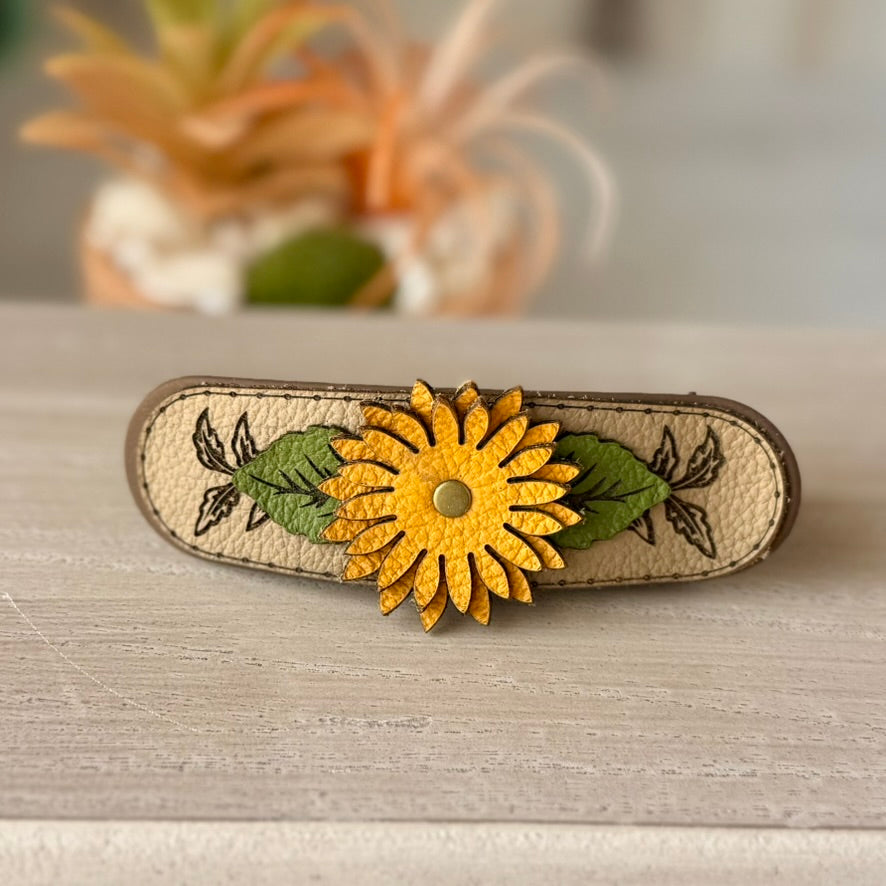 Boho western leather sunflower hair clip