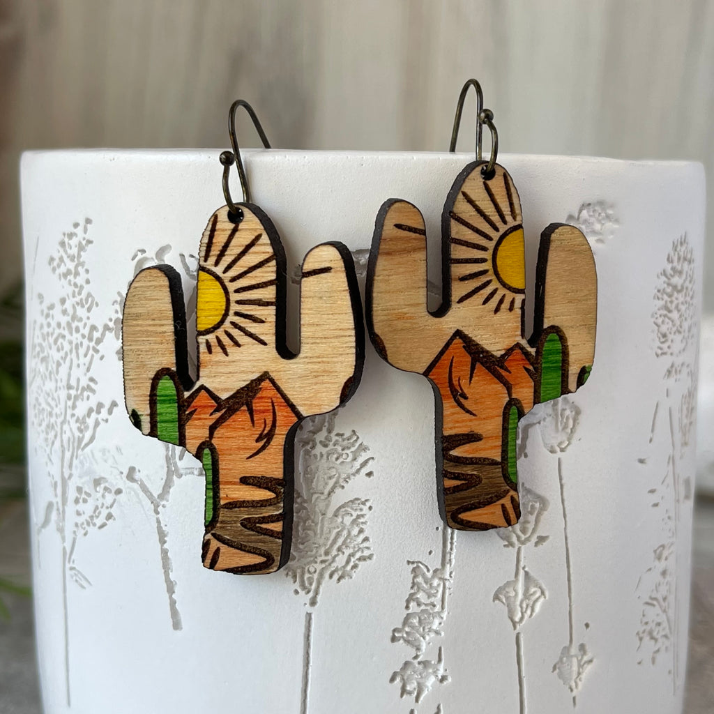 Hand-painted Southwest Desert Scene Cactus Shape Wood Earrings