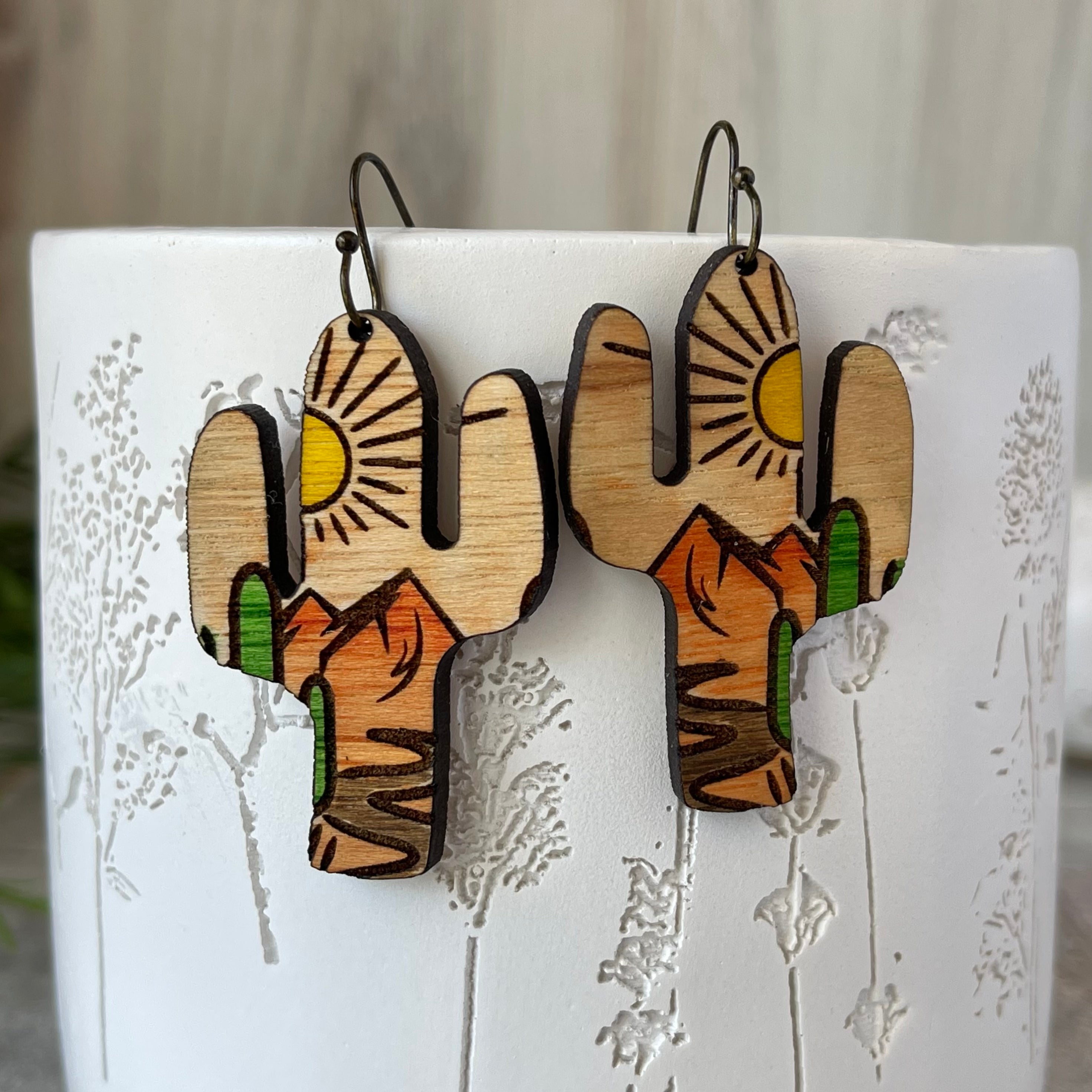 Hand-painted Southwest Desert Scene Cactus Shape Wood Earrings