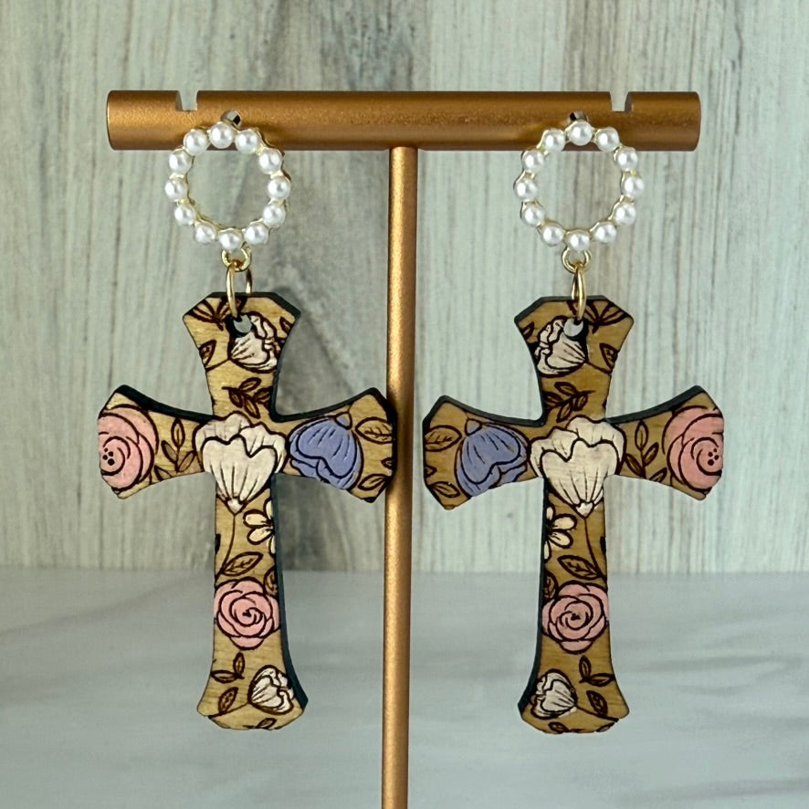 Engraved floral cross earrings