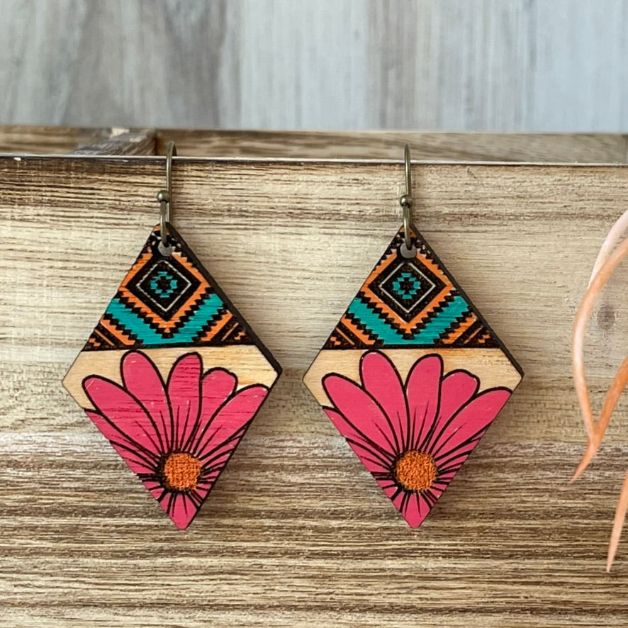 Southwest Floral Boho Earrings-Hand Painted Wood