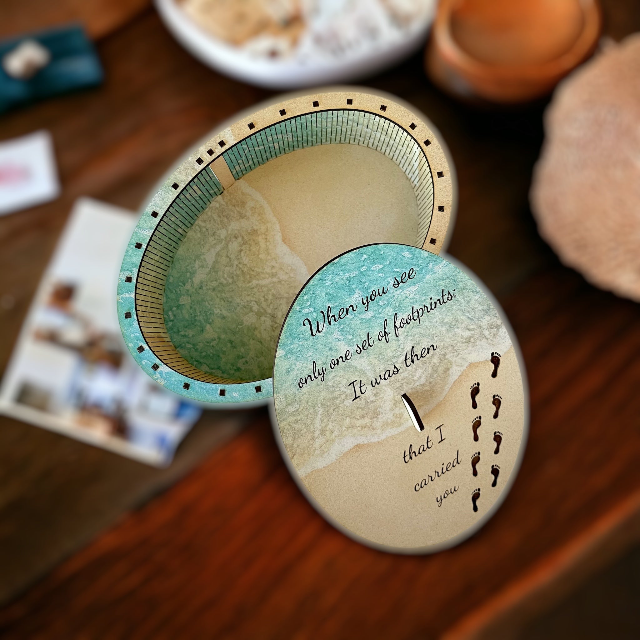 Decorative storage keepsake box with Footprints in the Sand engraved on lid