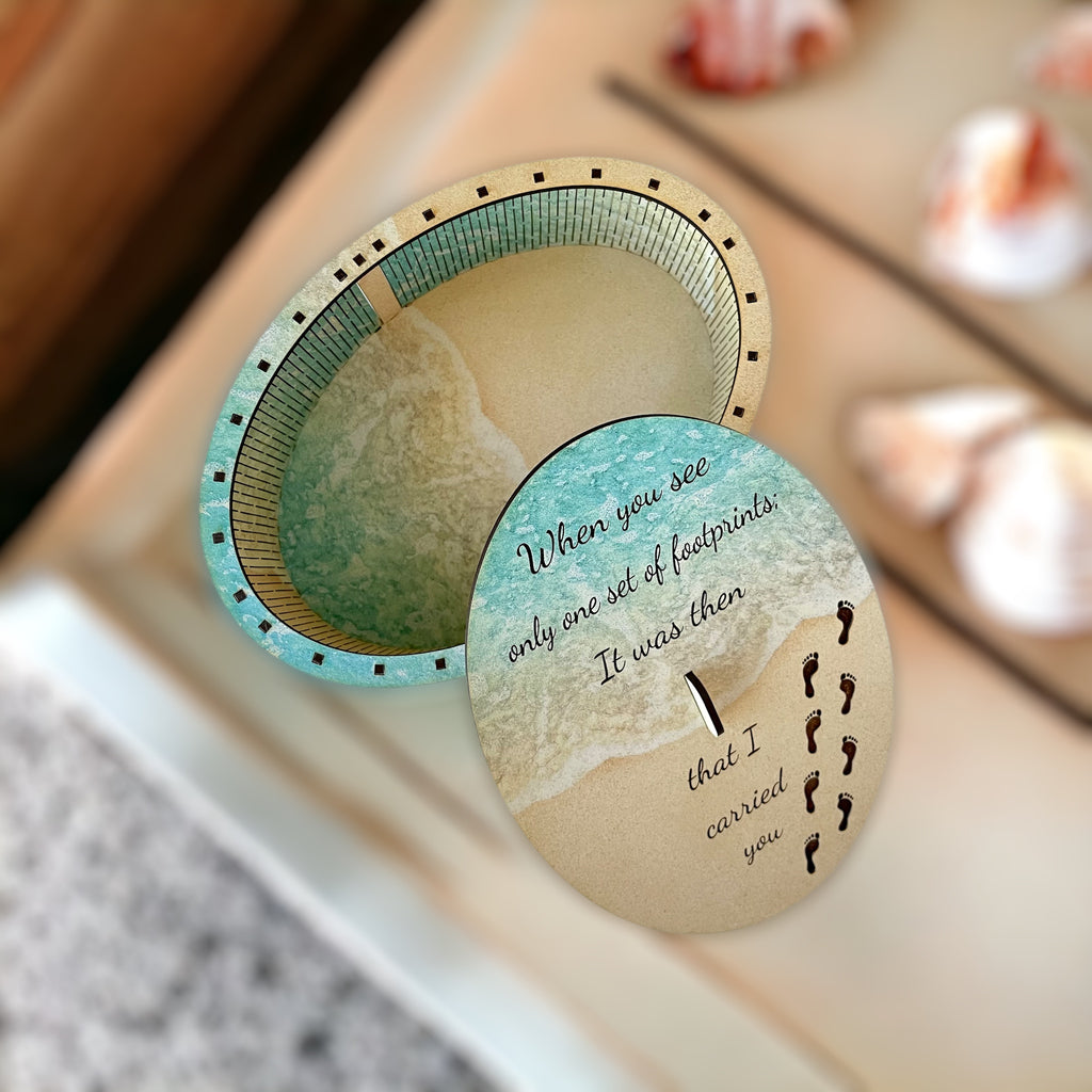 Decorative storage keepsake box with Footprints in the Sand engraved on lid