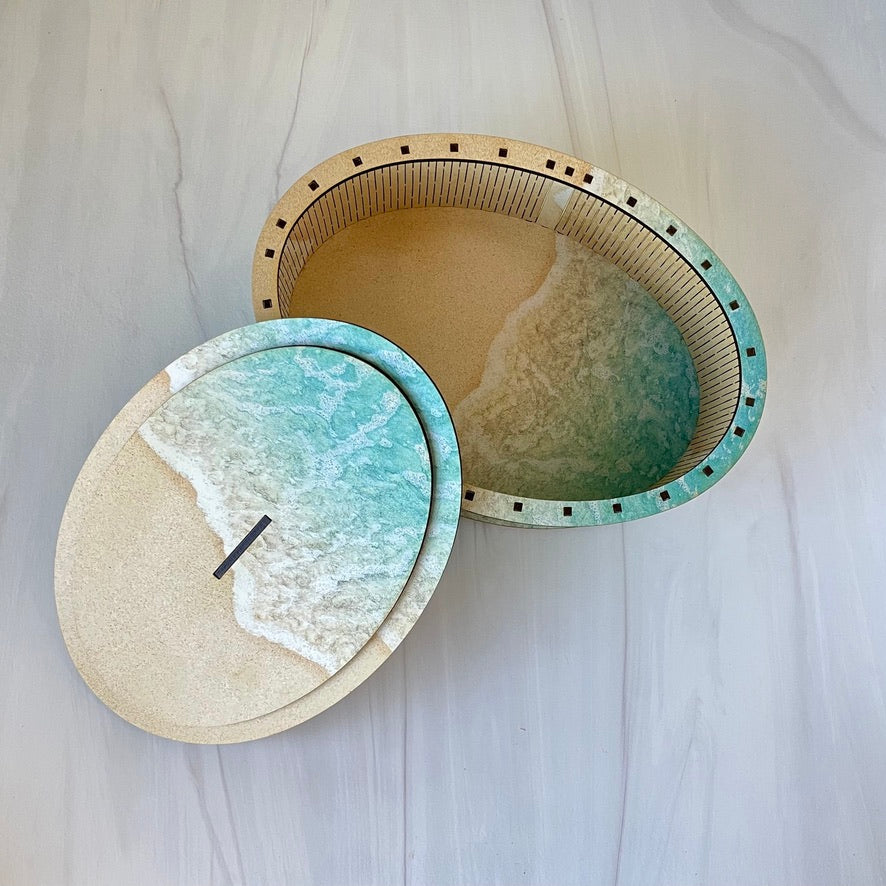 Decorative storage keepsake box with Footprints in the Sand engraved on lid