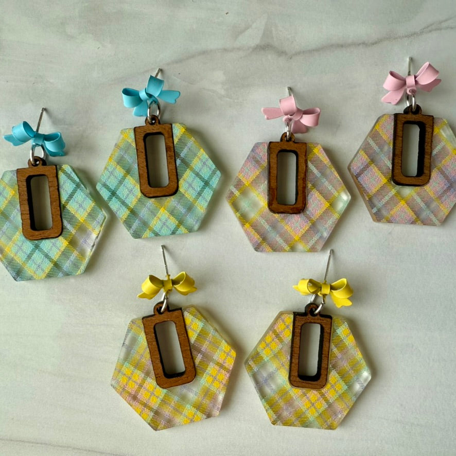 Spring Plaid Acrylic Earrings with Bow