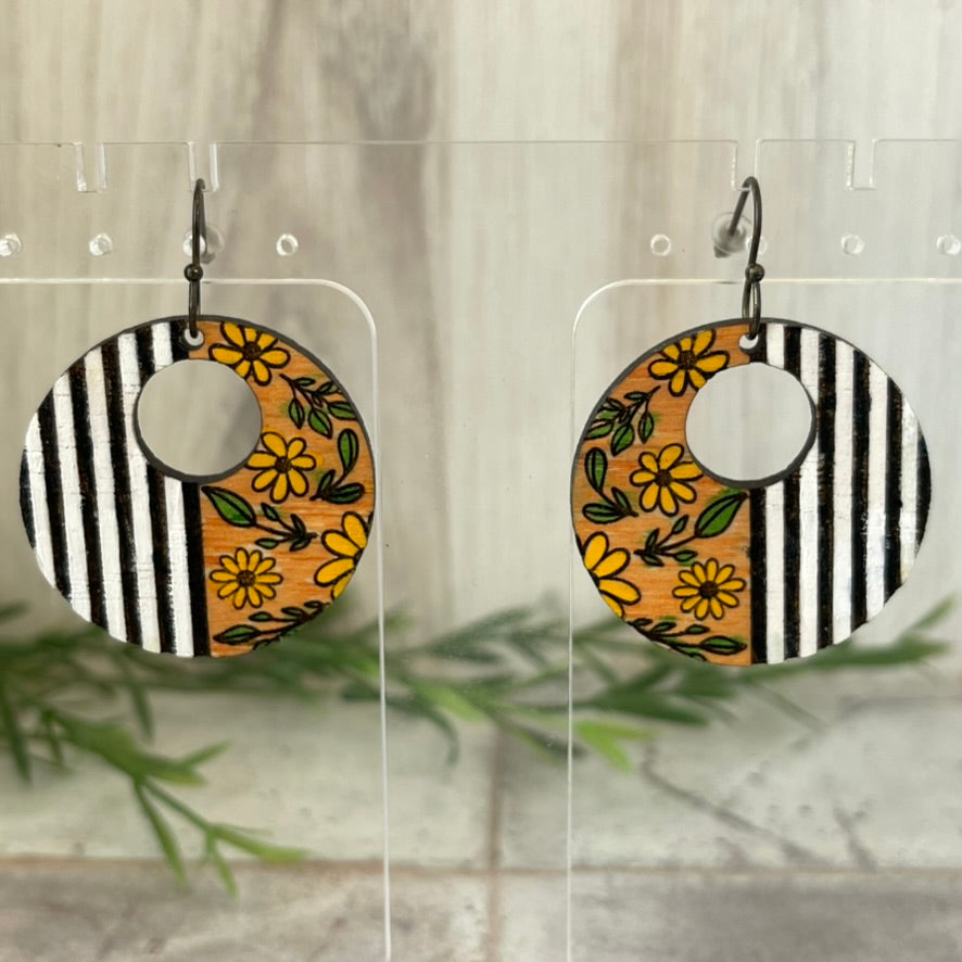 Striped Floral Boho Earrings-Hand Painted Wood