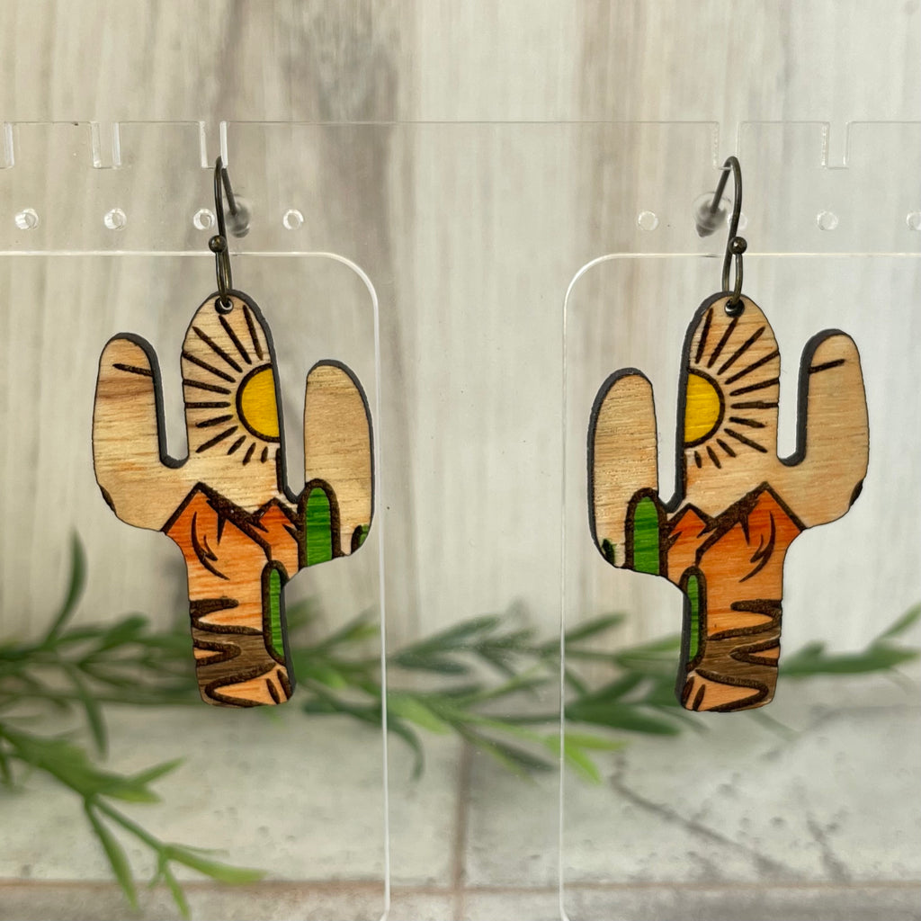 Hand-painted Southwest Desert Scene Cactus Shape Wood Earrings
