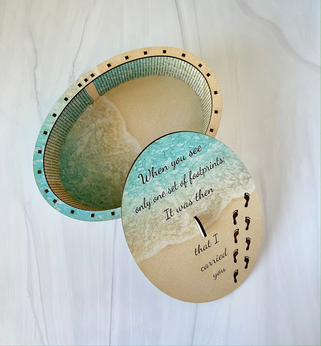 Decorative storage keepsake box with Footprints in the Sand engraved on lid